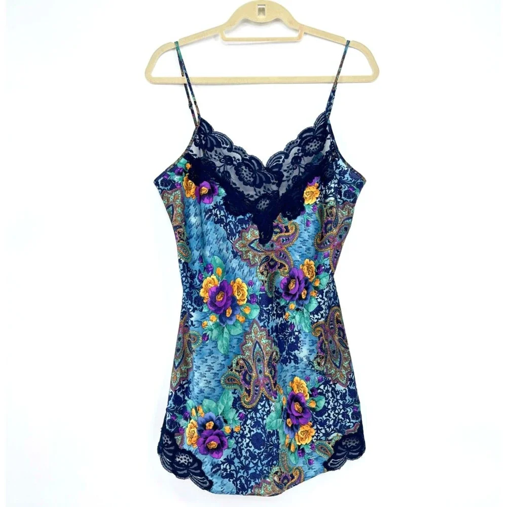 Victoria’s Secret Mini Slip Dress M Gold Label Satin/Lace Gown Blue Floral VTG